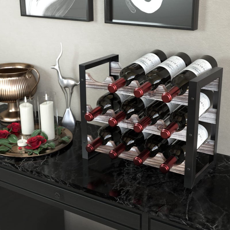 J JACKCUBE DESIGN JACKCUBE Design Wine Rack Freestanding Floor 3 Tier Stackable 12 Wine Bottle Holder Storage Racks Countertop, Liquor Shelf Stand (Rustic Wood and Black Metal Frame)- MK521A - Image 3
